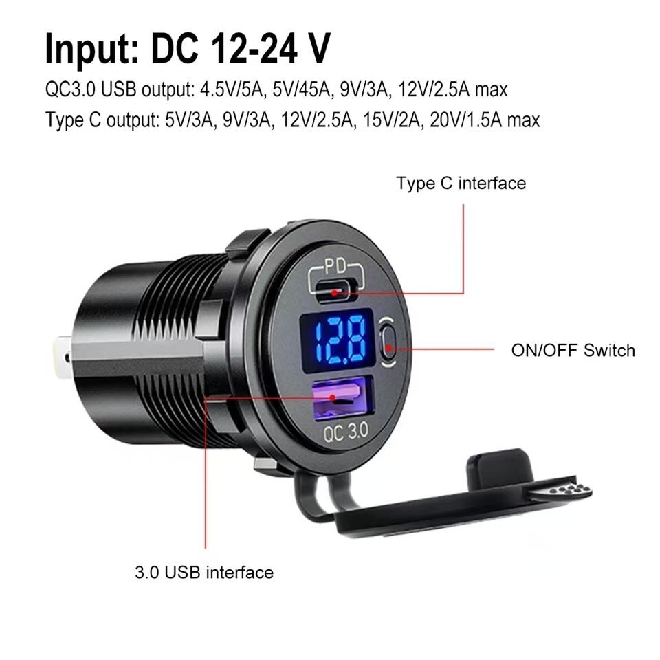 USB C Car Charger Socket 12V/24V Dual USB Socket PD3.0 and QC3.0 Car USB Port With LED Voltmeter and On/Off Switch