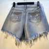 FGHJ Women Slim Denim Shorts Summer Hole Pants Chain Tassel Slim Straight Pants Casual Denim Shorts
