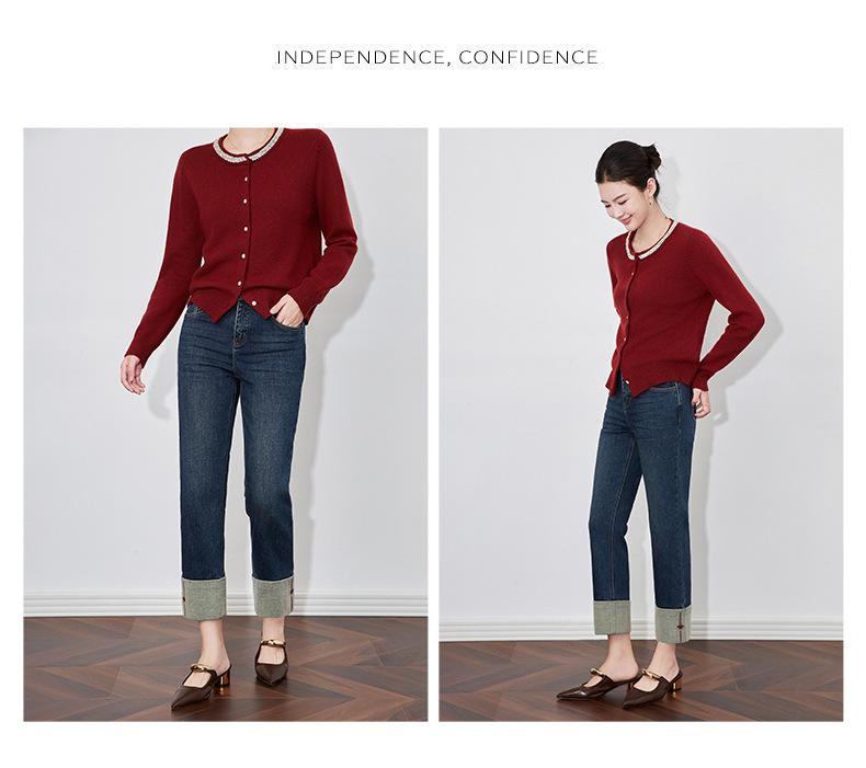 Узкие прямые джинсы Nanyou с вышитыми бархатными манжетами - женский зимний стиль