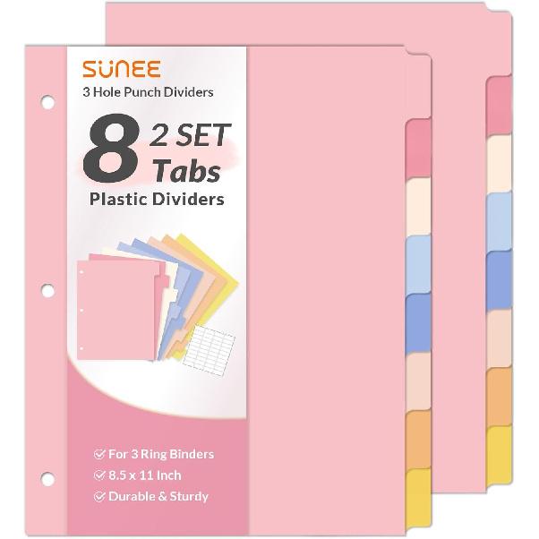 SUNEE 8 Tab Binder Dividers,Plastic Dividers for 3 Ring Binder,3 Ring Binder Dividers with Tabs for School Office Home Supplies,Pastel Color, 2 Set