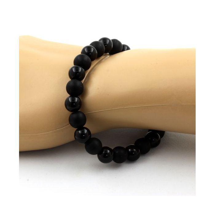 Stones and Minerals. Matte Black Onyx + Black Agate 8mm Pearl Bracelet. Made In France.