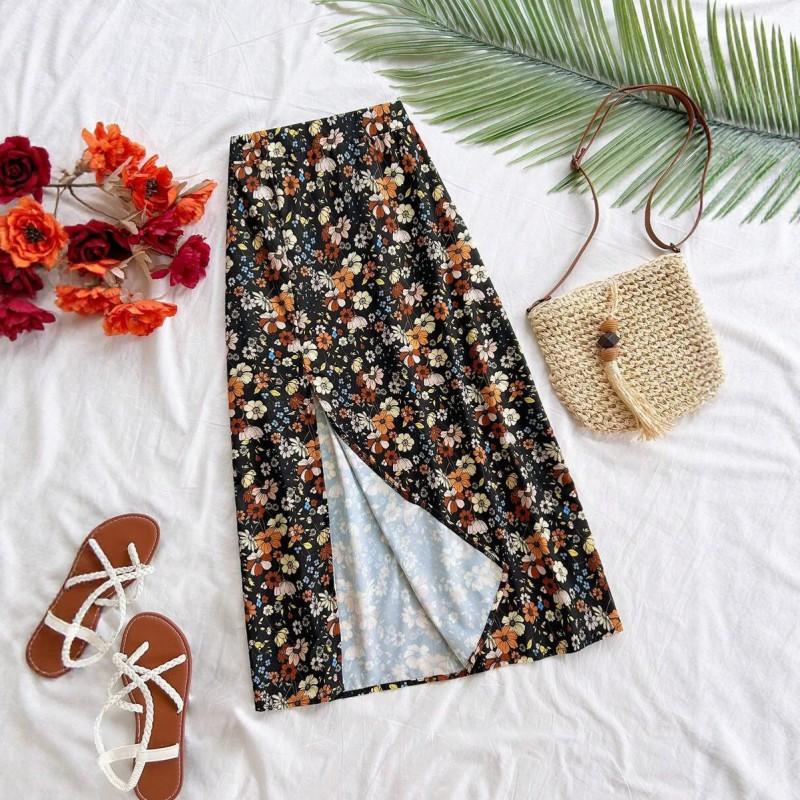 Womens Midi Skirt Floral Print Split High Waist Elastic Slim Vintage Style Umbrella