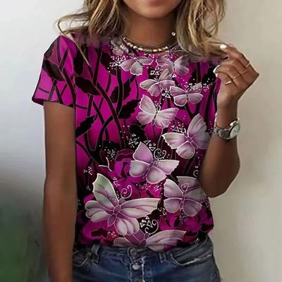 Летний топ с круглым вырезом и 3D-принтом с красочным узором из бабочек, модная повседневная женская футболка с коротким рукавом
