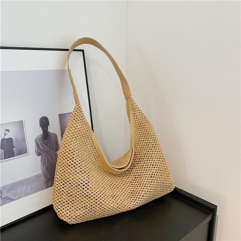 Straw Bucket Bag for Women Handwoven Woven Shoulder Bag Casual Underarm Tote Large Capacity Solid Color for Vacation and Daily Use