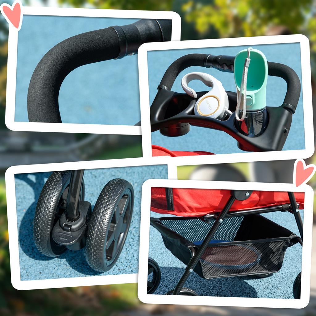 Dog Buggy, Foldable, Mesh Window, Removable Roof, Cup Holder, Bottom Basket, Metal Frame, Red, 67 x 45 x 96 cm