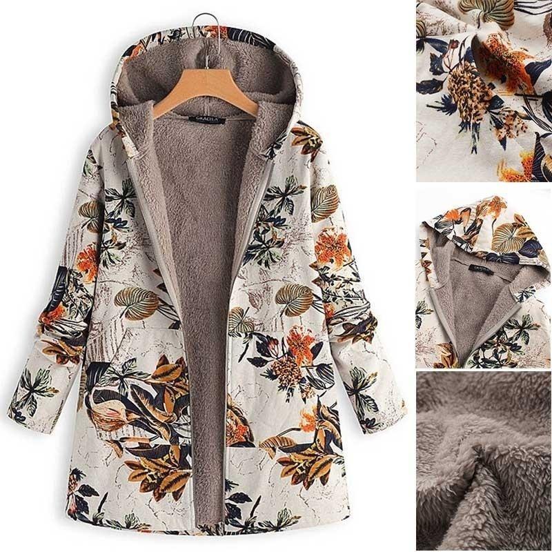 Печатные повседневные пальто большого размера Винтажные толстовки на молнии с длинным рукавом Женские пальто Повседневная женская теплая карманная куртка из флиса с цветочным принтом