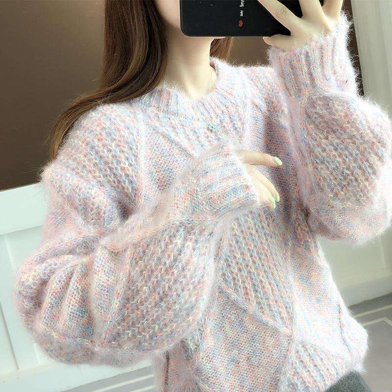 Women's Round Neck Sweater Autumn/winter Korean Version Pullover Loose and Lazy Base Knit Sweater Top Sweater Winter