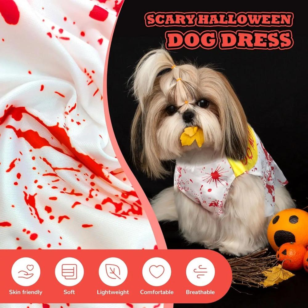 Halloween Dog Cats Dress Bloody Handprint White Puppy Cat Costume for Medium Small Pets Clothing 'DO NOT Enter' Sash for Holiday