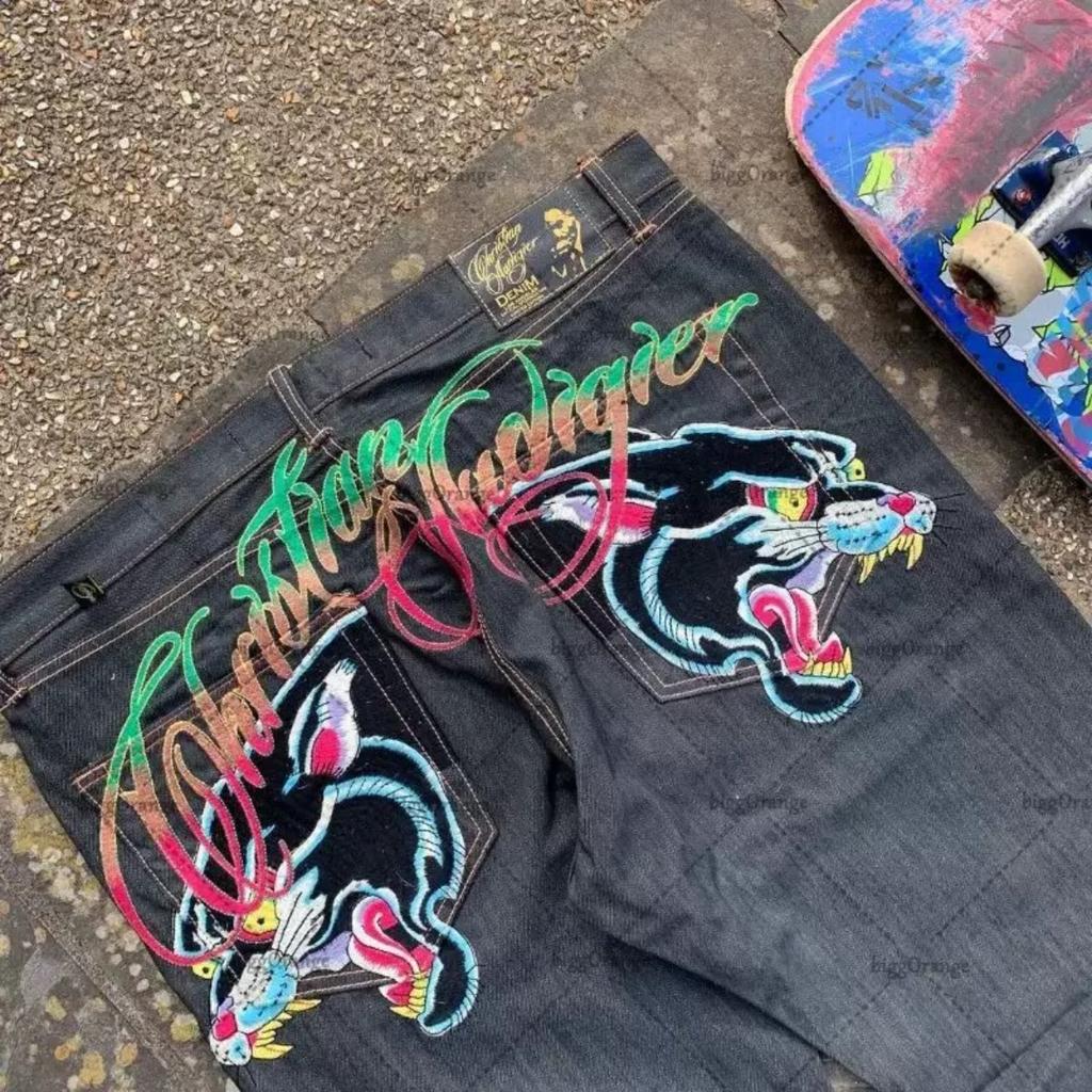 Мужские джинсы Ed Hardy с высокой посадкой, уличного стиля, с вышитой графикой и ретро хип-хоп дизайном