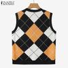 ZANZEA Женские осенние вязаные жилеты с круглым вырезом без рукавов в контрастную клетку