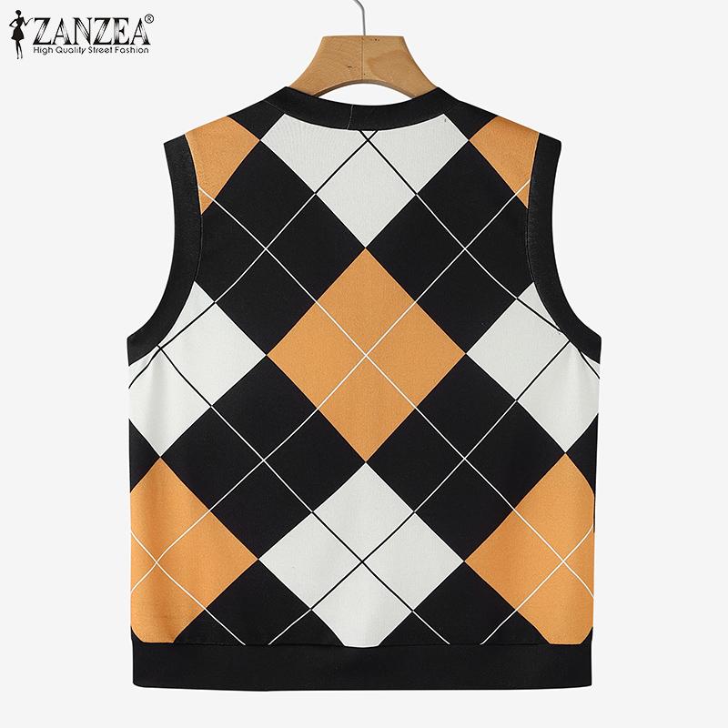 ZANZEA Женские осенние вязаные жилеты с круглым вырезом без рукавов в контрастную клетку