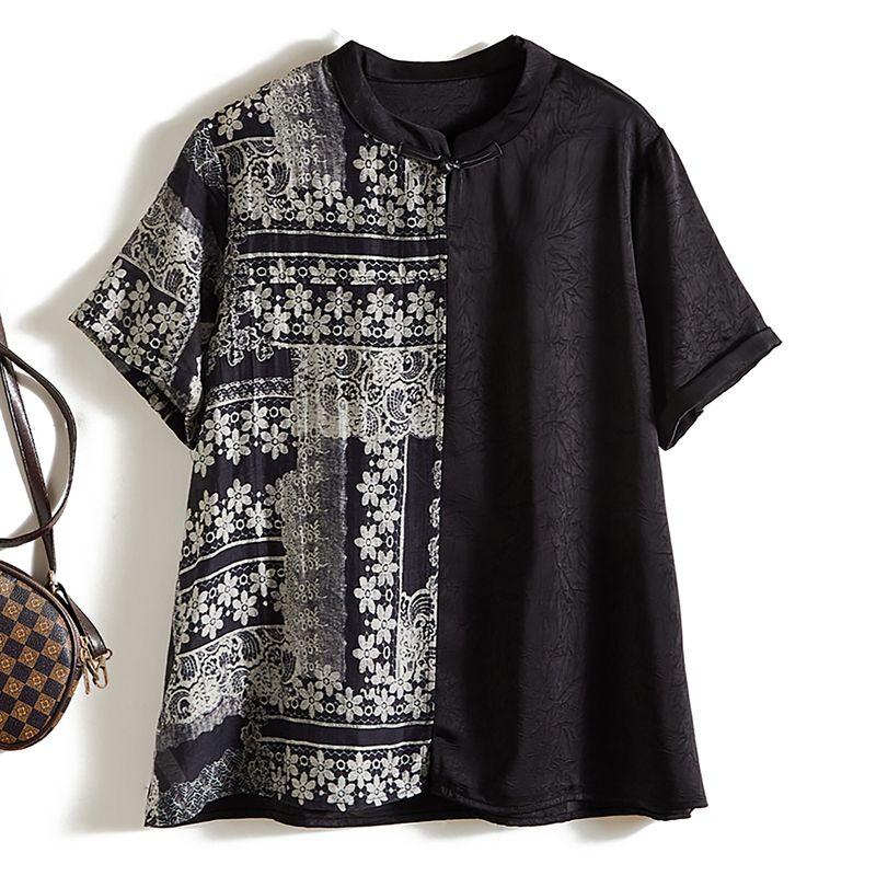 Classy Yuan Quality! Temperament Commute Women's Summer Satin Poplin Silk Patchwork Stand-up Collar Loose T-shirt Summer Blouse