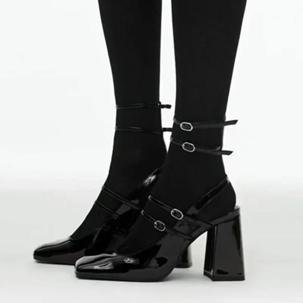 Women Ankle Belt Buckle Chunky Slingback Shoes Female Women Fashion Square Toe Sandals Women Pumps
