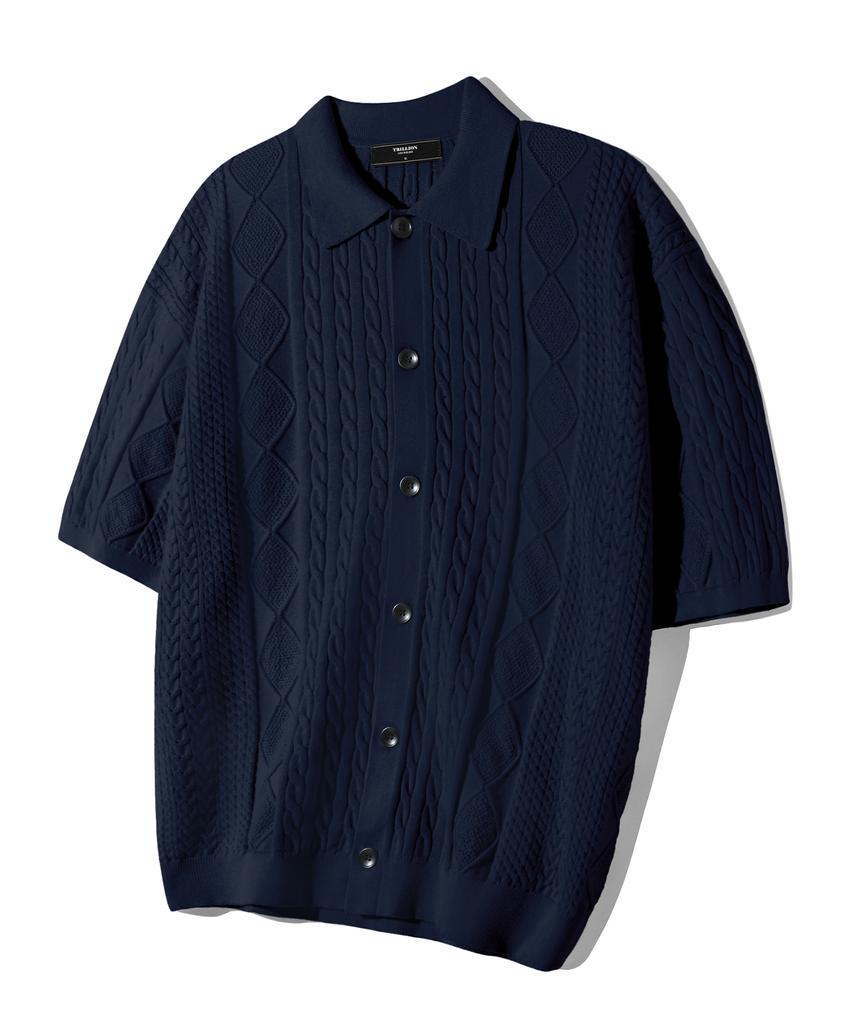 TRILLION Washable Cable Half Sleeve Button-Up Knit (Navy)