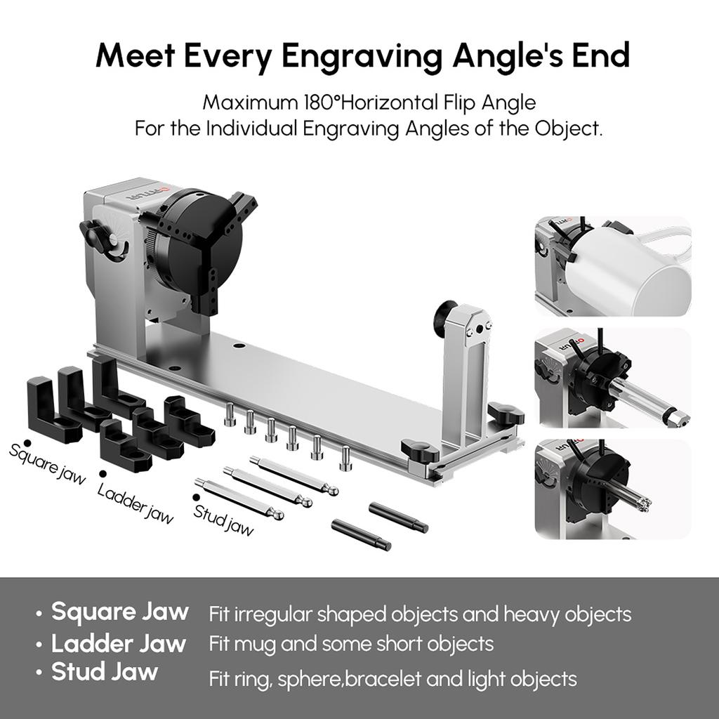 ORTUR YRC1.0 Rotating Roller with 180 Degrees  Horizontal Flip Angle and 360 Degrees Rotating Engraving with 3 Jaws