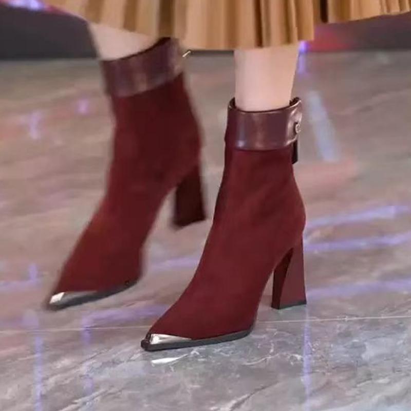 Замшевые женские сапоги на высоком каблуке с острым носком, толстые сексуальные ботинки челси для женщин, тренд 2024 года, новая зимняя мода, женские ботинки