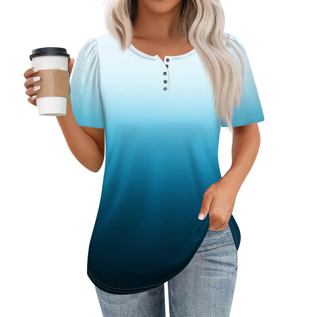 Женский модный повседневный короткий рукав пуловер с принтом на пуговицах и круглым вырезом