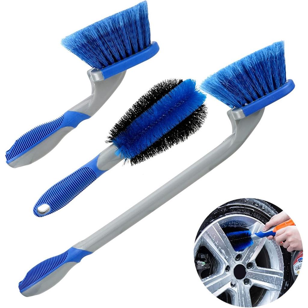 Wheel Brush and Tire Cleaner for Car Detailing, 3 Pack Auto Detailing Car Wash Brush, Long Handle Brush for Tires and Wheels, Wheel Cleaner Brush