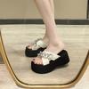 Rhinestone One-word Slippers for Women's Summer Wear 2025 New Small Man Height Increase Thick Bottom Fashion Beach Cool Slippers for Women