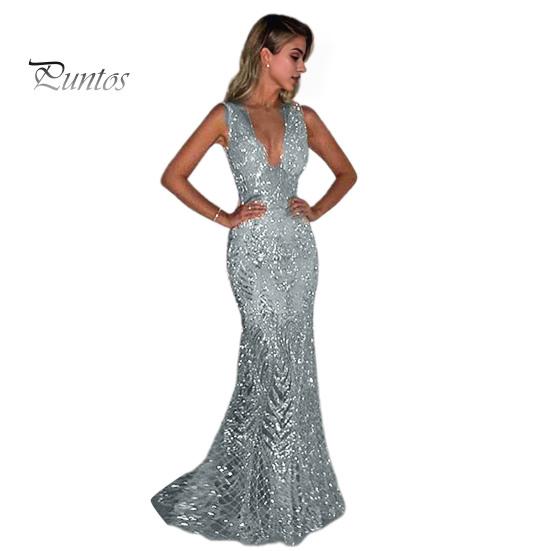 Women Evening Dress Deep V Neck Slim Fit Backless Sleeveless Shiny Sequin Fishtail Hem Floor Length Maxi Dress Prom Party Ball Gown