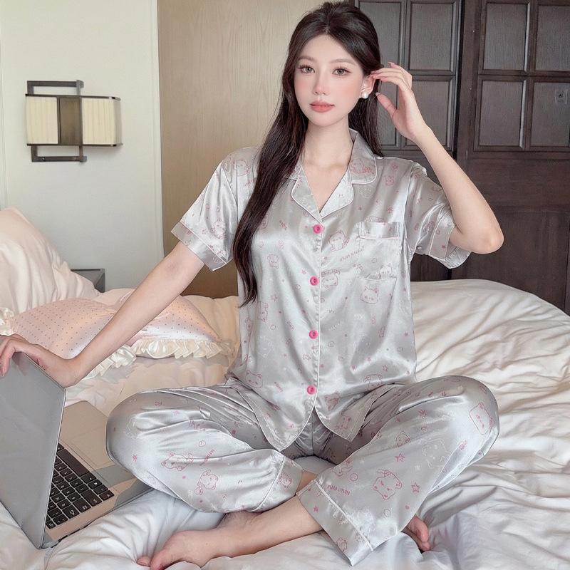 Ice Silk Pajamas Women'S Short-Sleeved Trousers Summer Silk Cute Kitten Jacquard Student Loungewear Set