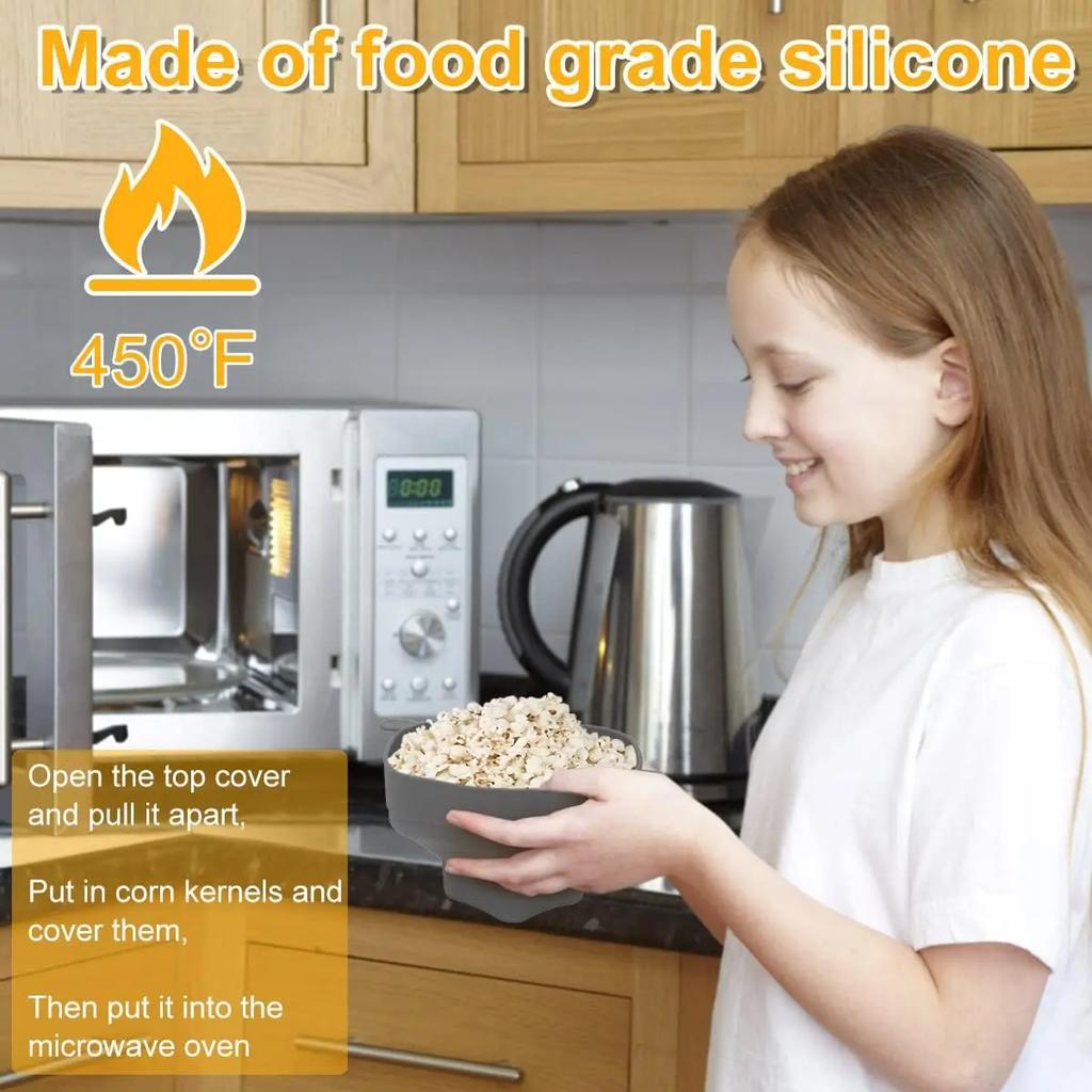 Жаростойкая силиконовая миска для попкорна Микроволновая печь Попкорница с крышкой Складное семейное ведро Держатель Кухонная выпечка
