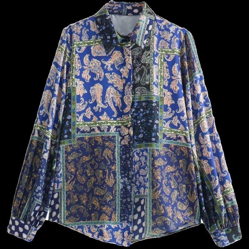 24 Spring New Simple Style Women's Clothing Casual Loose Patchwork Print Silk Satin Texture Shirt 2298073 330