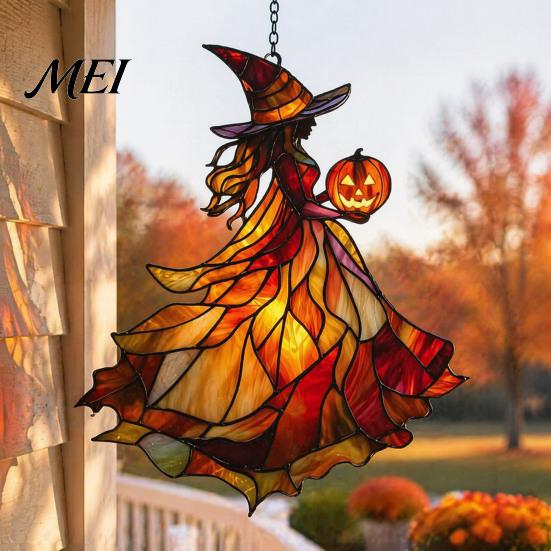 Handcrafted Witch Style Suncatcher Acrylic Suncatcher, Stained Glass Effect Window Car Hanging Ornament, Gothic Scary for Windows with Pumpkin Lantern