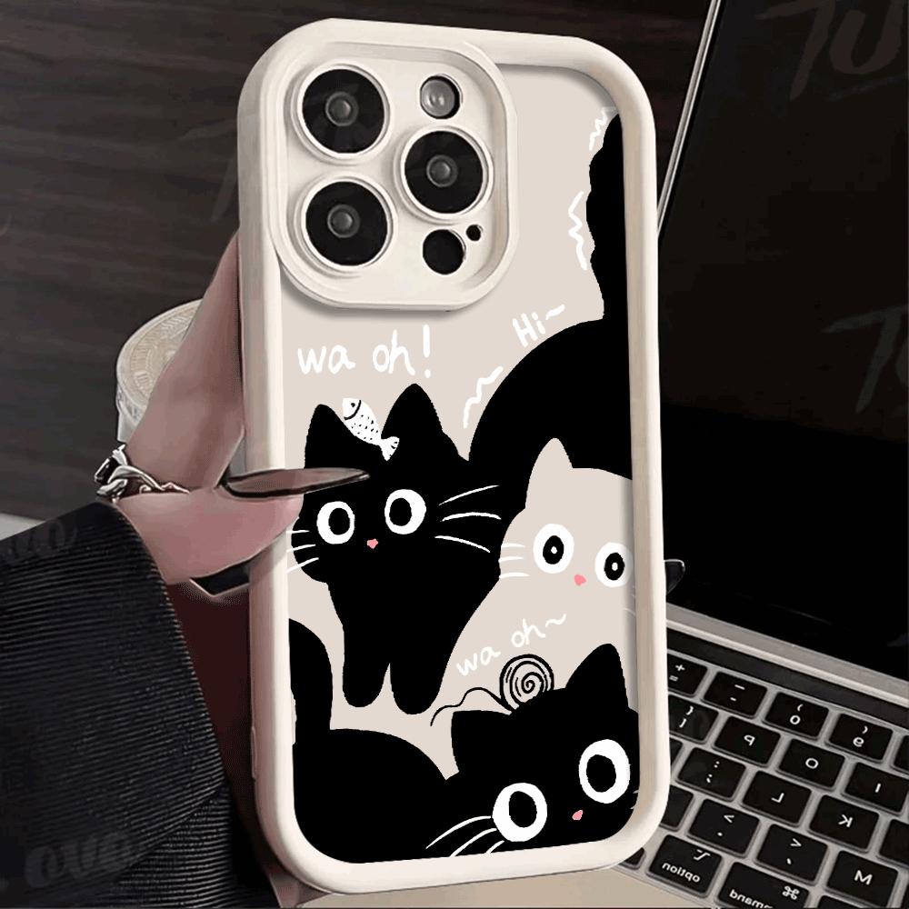 Cute black And White Cat Silicone Phone Case For  iphone 16 15 14 13 12 11 Pro Max Shockproof Soft Shell Cover
