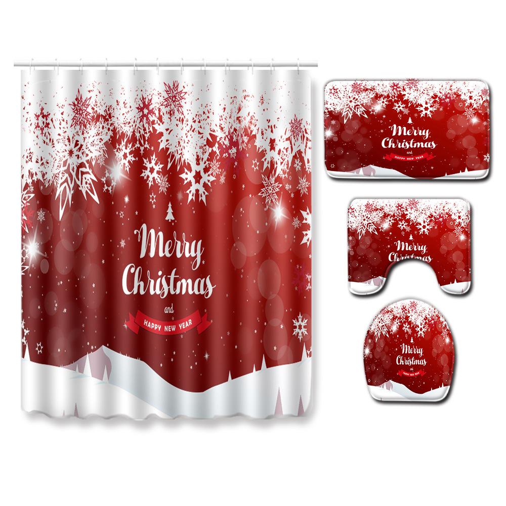 Christmas Bathroom Non-Slip Door Mat, Shower Curtain Floor Mat Combination Four-Piece Toilet Absorbent Carpet