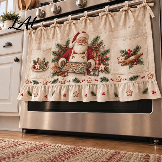 Handmade Holiday Oven Cover Christmas Skirt with Pockets Festive Snowflake Elk Red Birds Santa Stove Curtain for Home Cooking Essentials Kitchen