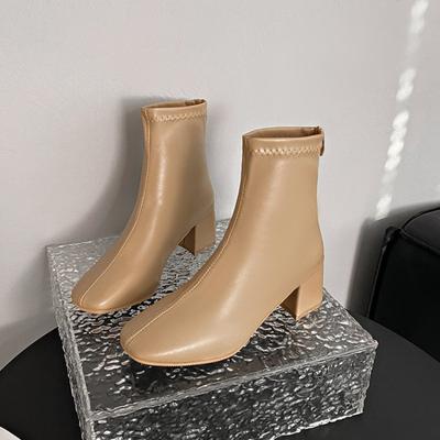 Женские сапоги, модные сапоги из искусственной кожи на среднем каблуке, женские, новинка 2024 года, осень-зима, квадратный носок, молния сзади, повседневные туфли на высоком каблуке