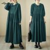 Плюс размер осень-весна женское платье большого размера с воротником Питера Пэна черно-зеленое кофейное повседневное свободное платье винтажное вельветовое платье с длинным рукавом