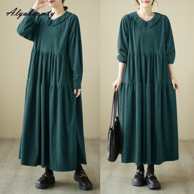 Плюс размер осень-весна женское платье большого размера с воротником Питера Пэна черно-зеленое кофейное повседневное свободное платье винтажное вельветовое платье с длинным рукавом