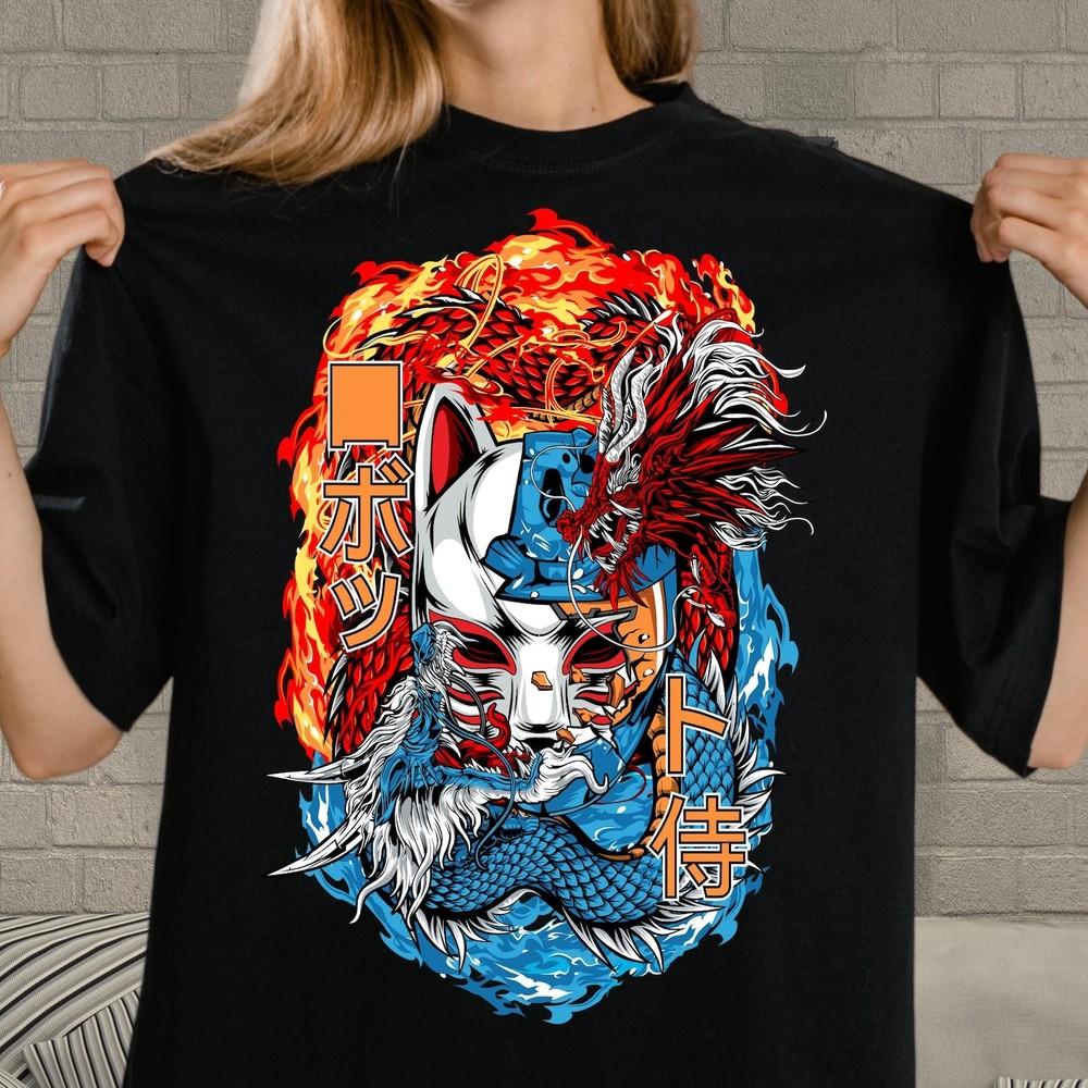 Футболка с аниме-самураем – Крутая японская маска Кицунэ Графическая футболка для фанатов Отаку Унисекс Футболка