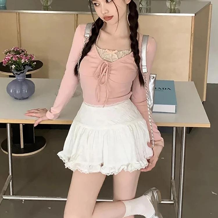 Kawaii белая мини-юбка женская летняя сказочная сексуальная высокая талия с рюшами кружевная сетка лоскутная юбка трапециевидной формы шорты корейские