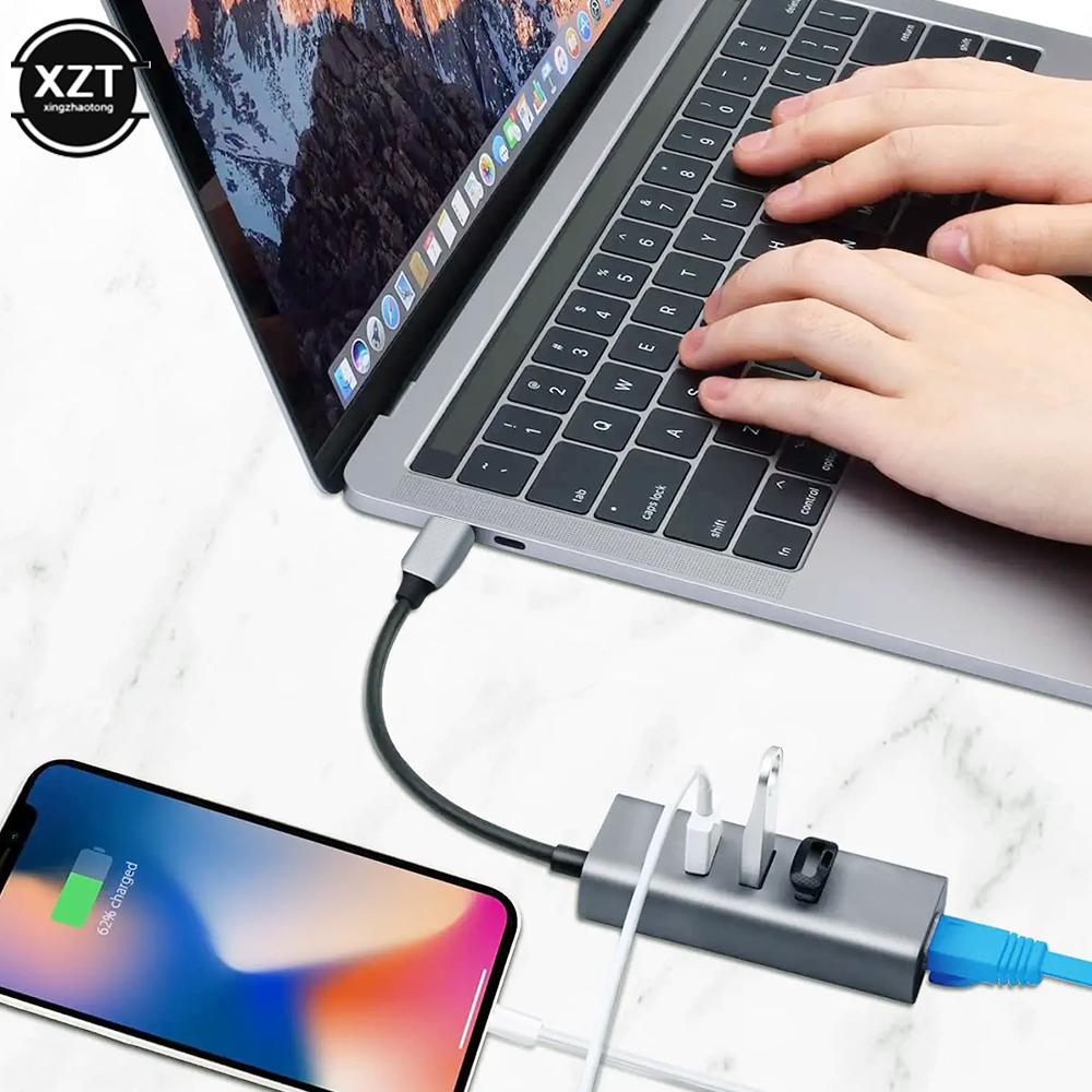 Chips RTL8153 USB Type C to RJ45 Wired Network Card Super Speed 3 ports USB 3.0 to Ethernet 1000Mbps Adapter For Macbook PC