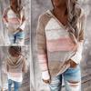Fashion Women Casual Patchwork V-Neck Long Sleeves Hooded Sweater Blouse Tops