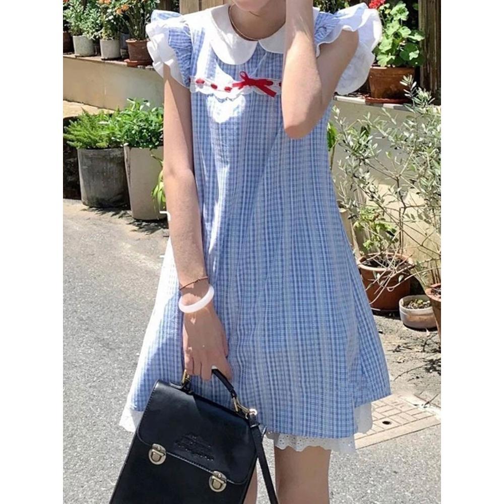 Стиль колледжа маленький, свежий, уникальный и красивый летом, а темперамент прекрасный.. Короткая юбка принцессы, клетчатое платье с кукольным воротником.