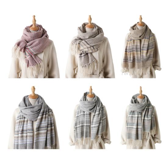 Women Scarf Striped Print Long Scarf Shawl with Tassel Trim Versatile Design Comfortable Shawl Wrap Fashion Accessories