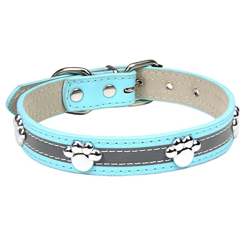 Modern Solid Reflective PU Dog Collar Paw Print Decor Durable Adjustable Pet Dogs Night Safety Design Reflective Strip