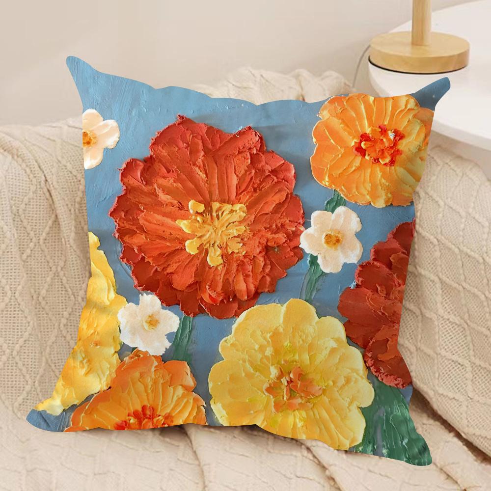 Oil painting flowers Cushion Cover Short plush Doublesided Print Square Throw Pillow Covers Sofa Home Cushion Decor