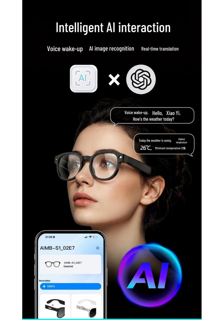 Умные Bluetooth-очки AIMB-S1: 5-мегапиксельная камера, Музыка, Звонки, Видеозапись, ИИ-перевод.