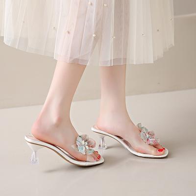 Одно слово прозрачные классные тапочки на высоком каблуке лето 2025 новые универсальные туфли на тонком каблуке верхняя одежда тапочки с цветочным кристаллом