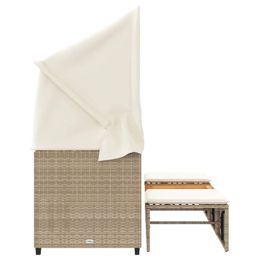 Outdoor 3 Seater Sofa with Canopy and Footstools Beige Poly Rattan
