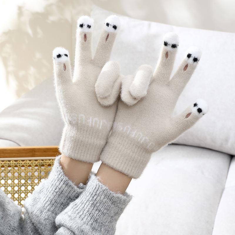 Милые шерстяные перчатки без пальцев с мультяшным принтом для осени и зимы - теплые, универсальные, морозостойкие вязаные перчатки для студентов