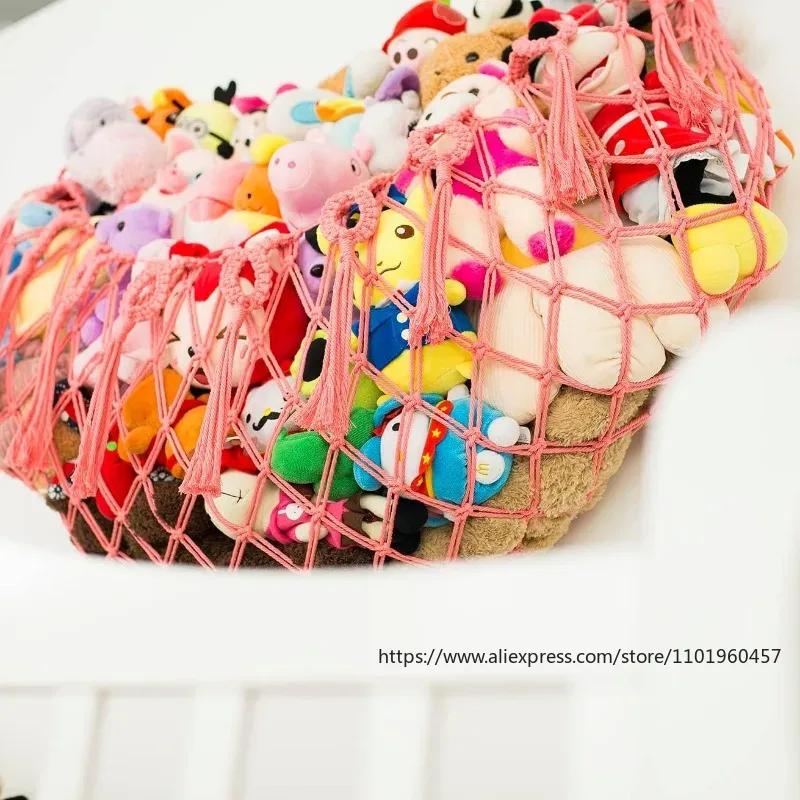 Plush Toy Wall Hanging Net with Tassels Bohemian Hanging Net Handmade Cotton Rope Kids Doll Hammock Organizer Nursery Playroom
