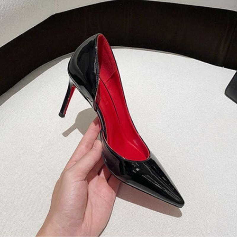 Красная подошва лодочки женские туфли черные остроконечные лакированные кожаные туфли с боковыми вставками на высоком каблуке женские тонкие каблуки элегантные и сексуальные одинарные туфли
