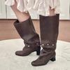Retro Pleated Autumn Winter Women's Fashion Boots Belt Buckle Long Boots Flat Heel Round Toe Women's Boots Roman Style