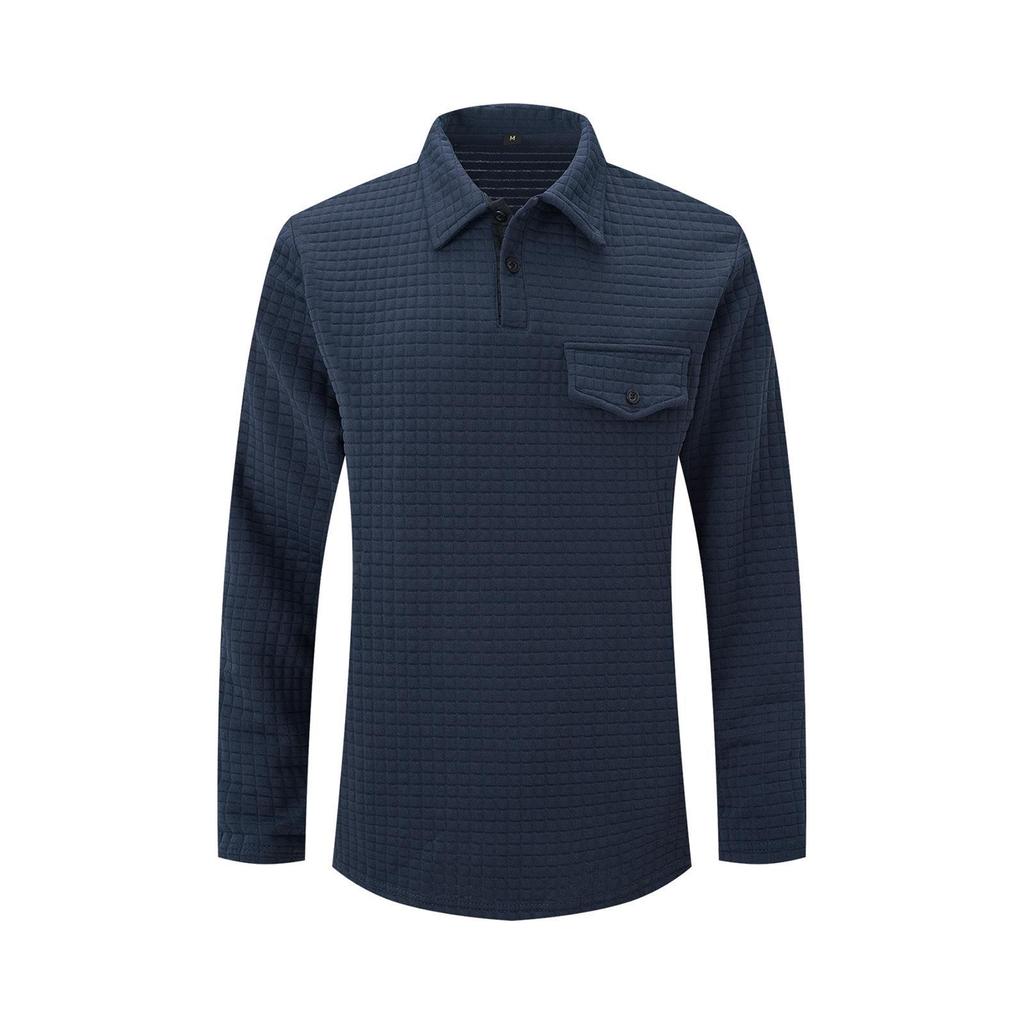 Men's Long-Sleeve Plaid Polo Shirt with Button Pocket